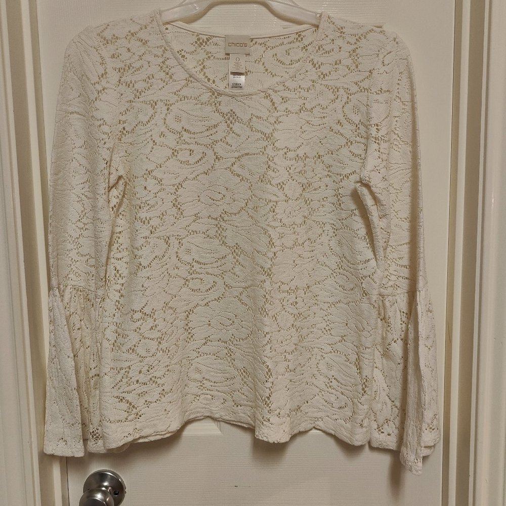 Chico's Women's White/Ivory Lace Long Bell Sleeve Round Neck Blouse Size 0